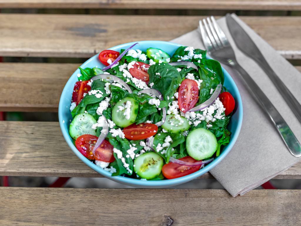 Spinach & Feta · Organic spinach, feta cheese, cherry tomatoes, cucumbers, red onion, virgin olive oil, balsamic vinegar and spices