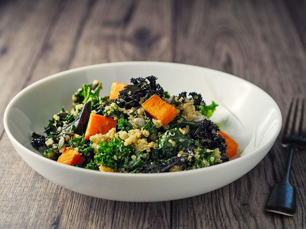 Kale & Butternut Squash Salad · Organic Kale, Roasted Butternut Squash, Organic Brown Quinoa, Apples, Avocado, Dried Cranberries, Strawberry Dressing