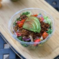 Beyond Impossible Salad · Beyond impossible meat, quinoa, tomatoes, carrots, avocado, cucumbers, olives, feta cheese, ...