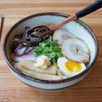 Tonkotsu Noodle · pork and chicken broth, shoyu base, pork belly OR chicken, kikurage, menma, sesame seeds, eg...