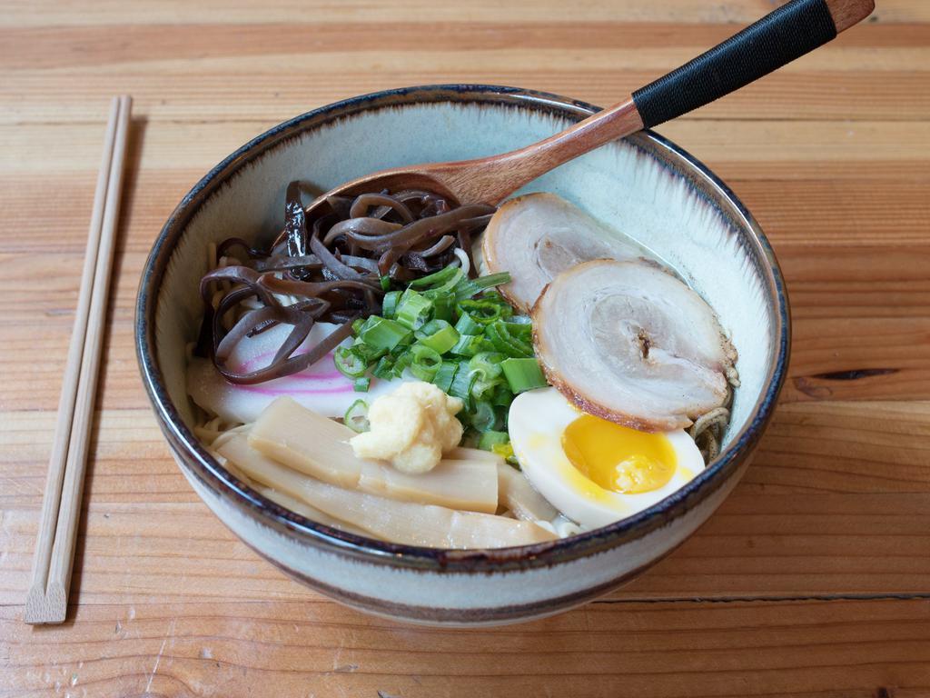 Tonkotsu Noodle · pork and chicken broth, shoyu base, pork belly OR chicken, kikurage, menma, sesame seeds, egg& scallions.