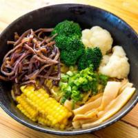 Vegetarian Noodle · Vegetable broth, shoyu base, mixed vegetables, kikurage, menma, sesame seeds, corn & scallions