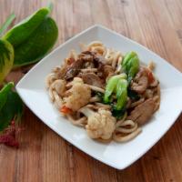 Yaki Udon OR Ramen · Stir- fried udon  OR ramen noodles, choice of pork belly, chicken, vegetarian OR seafood
