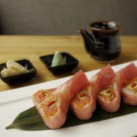 Sweetheart Roll · Spicy tuna, avocado inside, soybean paper on top with chili sauce.