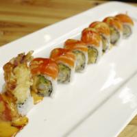 Summer Roll · Shrimp tempura, avocado inside, salmon on top with eel sauce and spicy mayo.