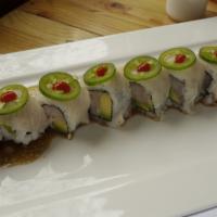 Kiss of Fire Roll · Salmon, tuna, avocado inside, yellowtail, jalapeno on top with wasabi yuzu chili sauce.