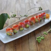Ichiban · spicy yellowtail &avocado roll topped with tuna, salmon, red tobiko & wasabi- mayo sauce