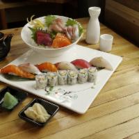 Sushi and Sashimi Entree · 12 pieces assorted sashimi, 6 pieces assorted sushi and California roll. Served with side.