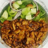Barbecue Grilled Chicken Rice and Salad · With soda.