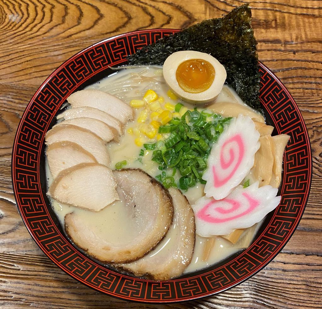 D. Umami Special Ramen · Chicken and chashu with Tonkotsu flavor broth. Toppings include green onion, bamboo, bean sprout, egg, nori, corn, and naurto. Add extras for an additional charge.