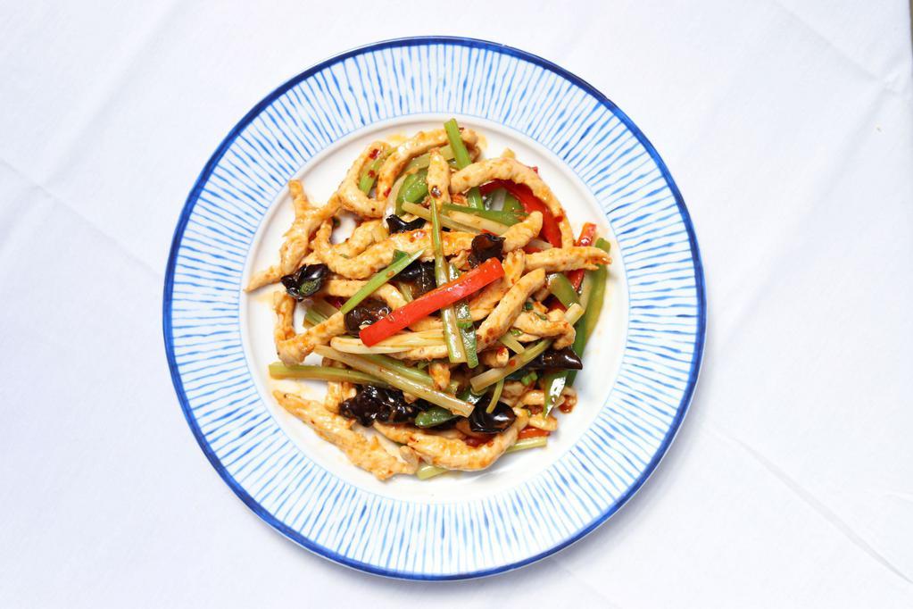 E8 Spicy Garlic Sauce Style · Black fungus mushroom, bell pepper red, celery sweet, sour and spicy sauce.