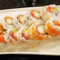 AK-47 Roll · Spicy tuna, shrimp tempura and avocado wrapped inside out with tobiko and sesame.