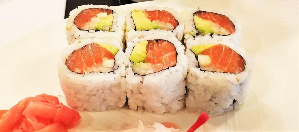 Salmon Avocado Cucumber Roll · Salmon, avocado, and cucumber wrapped inside out with sesame and tobiko.