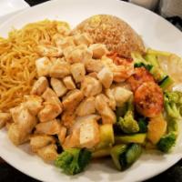 Hibachi Chicken · Includes clear soup, house salad, fried rice, fried noodles, grilled veggies, 2 pcs shrimp.