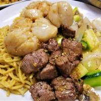 Hibachi Filet Mignon and Scallop Combo · Includes clear soup, house salad, fried rice, fried noodles, grilled veggies, 2 pcs shrimp.