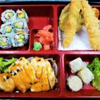 Bento Box B Combo · Chicken teriyaki. Shrimp shumai, tempura, California roll. Includes miso soup, house salad, ...