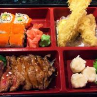 Bento Box C Combo · Beef teriyaki. Shrimp shumai, tempura, California roll. Includes miso soup, house salad, whi...