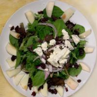 Apple walnut salad · Mixed greens with apples, candied walnuts, goat cheese, dried cranberries and red onions.