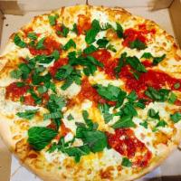 Pizza Margherita · Imported plum tomato sauce, fresh mozzarella, olive oil and fresh basil.
