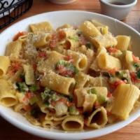 Rigatoni Isabella · Fresh tomatoes, green onions. and, if desired, fresh jalapenos, blended with Swiss and mozza...