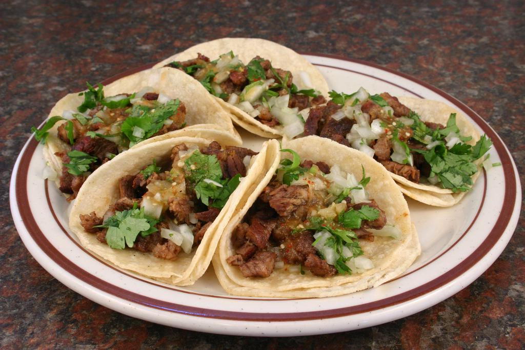 3. Five Tacos · Choice of meat, onions, cilantro, salsa.