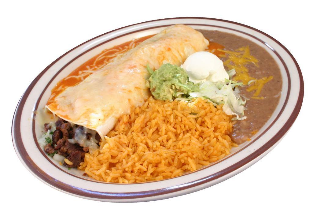 6. Burrito Plate · Wet burrito, choice of meat, onions, cilantro, salsa, rice, beans, cheese, sour cream and guacamole.