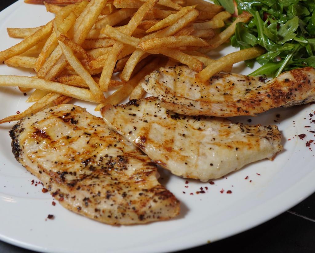 Chicken Breast · Grilled chicken breast marinated with rosemary and garlic. Choice of sides.