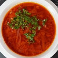Borscht Soup · Made by combining bone stock with sauteed vegetables, which are beetroots, cabbage, carrots,...