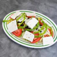 Greek Salad · Imported feta cheese, romaine, tomatoes, cucumbers, olives, onions and green peppers.
