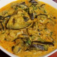 10. Hyderabadi Bagara Baingan · Eggplant simmered in coconut sauces and curry leaves.