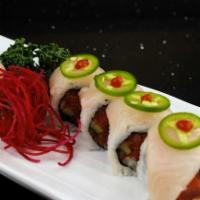 Hamapeno Roll · Spicy Tuna Roll with yellowtail on top.