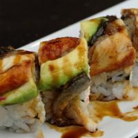 Dragon Roll · California roll with freshwater eel and avocado on top.