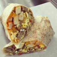 Hangover Breakfast Burrito · Bacon, sausage, mixed cheese, eggs, pico de gallo, fried potatoes and green chile wrapped in...