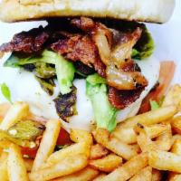 Daygo Burger · 100% beef patty, Muenster cheese, lettuce, tomato, bacon, avocado, green chile and green chi...