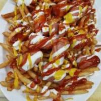 salchi papa · french fries topped with fried sausage and you choice of sauce * chipotle sauce or ketchup a...