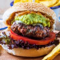 Mexican Burger · Chorizo Ground Beef, Jalapeños, Pico de Gallo, Mayo, Guacamole, Pepper Jack Cheese
