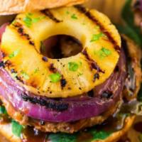 Hawaiian Burger · Ground Beef, Swiss cheese Lettuce, Tomatoes, Grilled Pineapple Slices, Onions, Mayo, Teriyak...