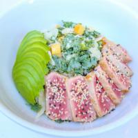 Tuna Avocado Salad · Wild ahí tuna, organic avocado, baby arugula, scallions, micro-cilantro ＆ poke sauce