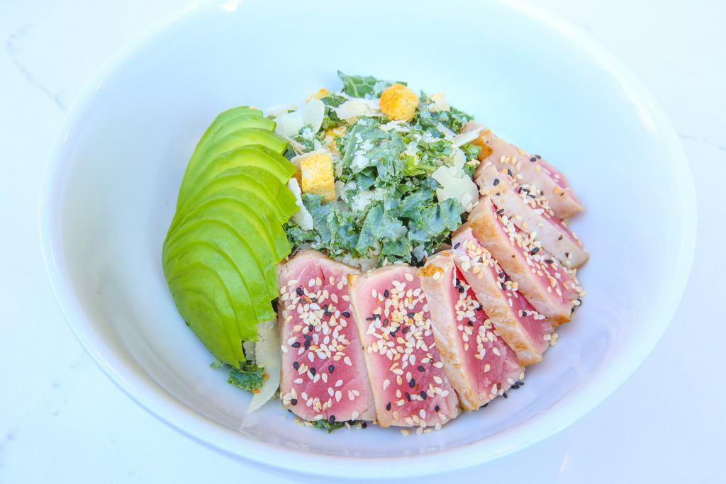 Tuna Avocado Salad · Wild ahí tuna, organic avocado, baby arugula, scallions, micro-cilantro ＆ poke sauce