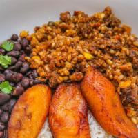 Vegan Bowl · Beyond meat with rice, black beans and sweet plantains.
