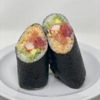 Sushi Burrito  · Salmon,Tuna,Kani,Avocado,Cucumber,lettuce,with special sacue.