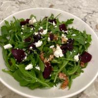 Salad #1 · Arugula, beets, walnuts, goat cheese and cranberries.