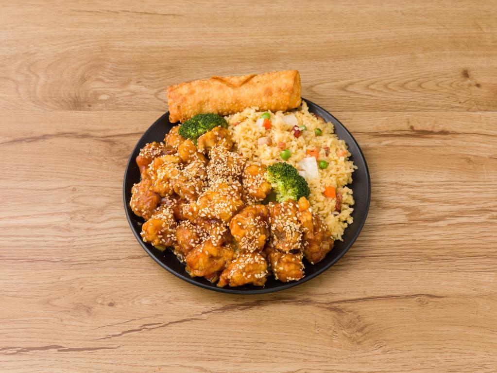 C4. Sesame Chicken Combo · Served with roast pork fried rice and an egg roll.