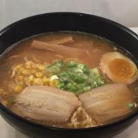 Miso Ramen · Miso base soup.
Green onion, Corn, BBQ Pork, Seasoned Egg, Bamboo shoots.
Substitution will ...