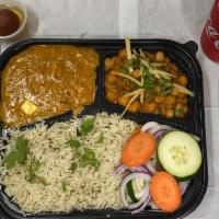 Vegetable Platter - Thali · 2 main course Vegetables of the day, 2 Naan, Rice, Salad, 1 Soft Drink Can (Coke/Sprite/Ging...