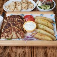 Chicken Bifteki Platter · 2 seasoned grilled chicken patties. Served with your choice of french fries, lemon potatoes ...