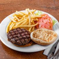 8 oz. Jumbo Burger Deluxe · Lettuce, tomatoes, fries, coleslaw and pickle.