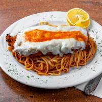 Chicken Parmigiana · Tomato sauce and mozzarella served with pasta and choice of side.