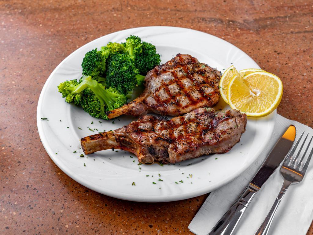 Grilled Pork Chops · Apple sauce, potato and vegetable.  Served with choice of side.