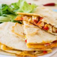 Chicken  Quesadilla · Flour large tortilla filled with chicken and melting cheese. Served with lettuce, pico de ga...